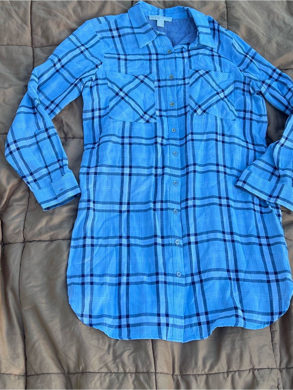 Michael Kors Light Blue Plaid Button-Down Mini Shirt Dress Preppy Size 8
